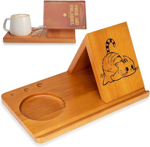 Cat Themed Holiday Gift for Readers - Book Stand with Coffee Coaster & Pen Holder, Triangle Book Holder Stand for Reading, Wooden Book Rest with Fun Cat Design, Perfect Christmas Gift for Cat Lovers in Saudi Arabia