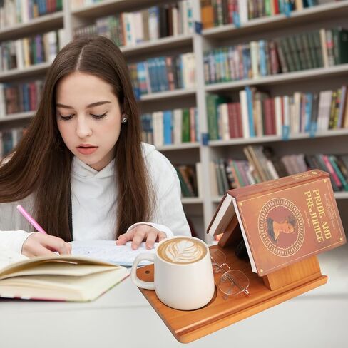 Cat Themed Holiday Gift for Readers - Book Stand with Coffee Coaster & Pen Holder, Triangle Book Holder Stand for Reading, Wooden Book Rest with Fun Cat Design, Perfect Christmas Gift for Cat Lovers in Saudi Arabia