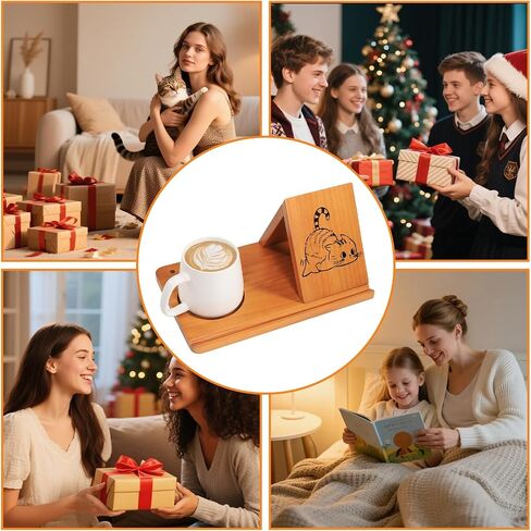 Cat Themed Holiday Gift for Readers - Book Stand with Coffee Coaster & Pen Holder, Triangle Book Holder Stand for Reading, Wooden Book Rest with Fun Cat Design, Perfect Christmas Gift for Cat Lovers in Saudi Arabia