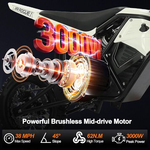 Teens Adults Electric Dirt Bike-3000W 37 MPH, 48V/23.5Ah Full Suspensions Mountain Off-Road Dirt Bike,Hydraulic Brakes | All-Terrain Off-Road Electric Motorcycle for Snow, Sand,White in Saudi Arabia