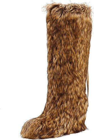Womens Faux Fur Boot Winter Fluffy Comfy Long Furry Outdoor High-heeled Fuzzy shoes Knee-High Boots in Saudi Arabia