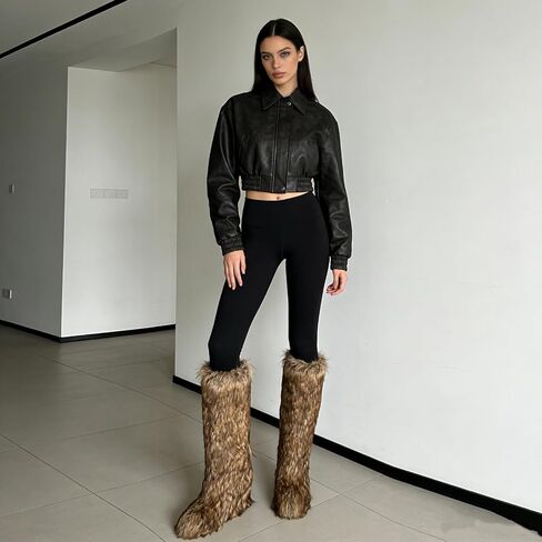 Womens Faux Fur Boot Winter Fluffy Comfy Long Furry Outdoor High-heeled Fuzzy shoes Knee-High Boots in Saudi Arabia