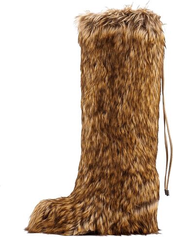 Womens Faux Fur Boot Winter Fluffy Comfy Long Furry Outdoor High-heeled Fuzzy shoes Knee-High Boots in Saudi Arabia