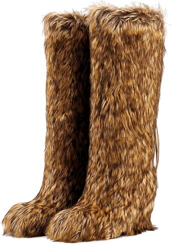 Womens Faux Fur Boot Winter Fluffy Comfy Long Furry Outdoor High-heeled Fuzzy shoes Knee-High Boots in Saudi Arabia