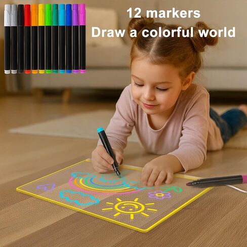 لوحة رسم LED Godeprot مقاس 13.8 × 10 بوصة مع 12 قلم تحديد و4 أوضاع إضاءة و7 ألوان ومحول * سلسلة تعليق، لوحة رسائل كتابة للمسح الجاف بفن النيون للأطفال والبنات وهدايا عيد الميلاد في الهالوين in Kuwait