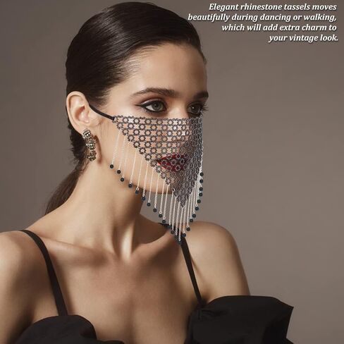 AHANDMAKER Fringe Masquerade Mask for Women, Rhinestone Tassel Face Mask Face Veil Mask Chain for Mardi Gras Halloween Party in Saudi Arabia