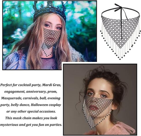 AHANDMAKER Fringe Masquerade Mask for Women, Rhinestone Tassel Face Mask Face Veil Mask Chain for Mardi Gras Halloween Party in Saudi Arabia