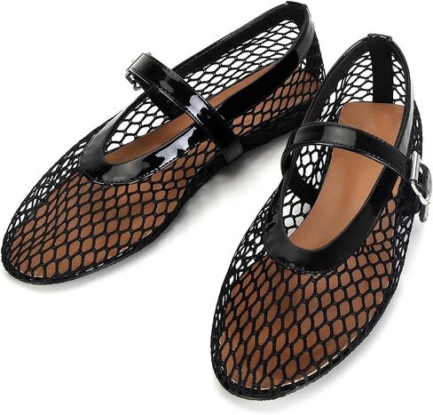 MICIFA Mesh Ballet Flats for Women Metal Decor Ballerina Mary Jane Flats Round Toe Buckle Casual Dress Ballet Flats Shoes BlackGold in Saudi Arabia