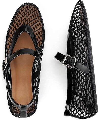 MICIFA Mesh Ballet Flats for Women Metal Decor Ballerina Mary Jane Flats Round Toe Buckle Casual Dress Ballet Flats Shoes BlackGold in Saudi Arabia