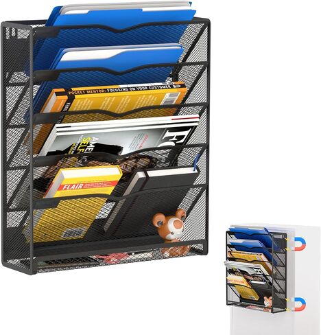 6-Tier Magnetic File Holder, No Drilling Magnetic File Organizer Folder Holder, Black Hanging Magnetic Paper Holder for Refrigerator, Whiteboard, File Cabinets, Office, Kitchen (Black, 6-Tier) in Saudi Arabia