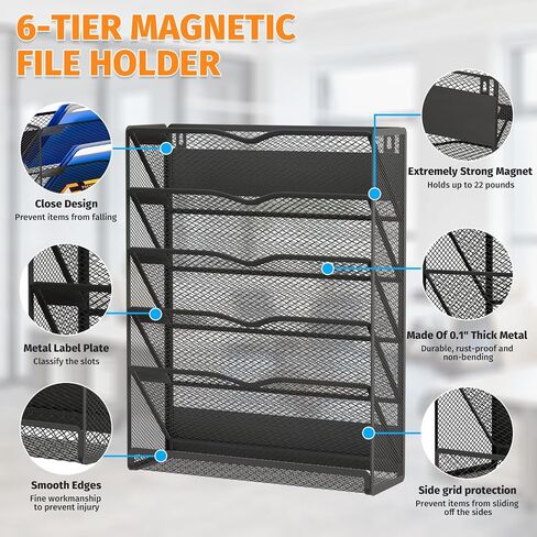 6-Tier Magnetic File Holder, No Drilling Magnetic File Organizer Folder Holder, Black Hanging Magnetic Paper Holder for Refrigerator, Whiteboard, File Cabinets, Office, Kitchen (Black, 6-Tier) in Saudi Arabia