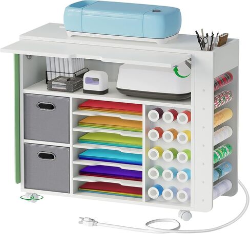 Craft Organizers and Storage Cart - Craft Table Compatible with Cricut Machine, Rolling Craft Organizer with Extendable Desktop and Power Outlet, Craft Table with 2 Drawer & Vinyl Roll Holders in Saudi Arabia