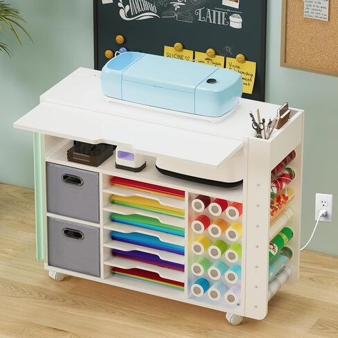 Craft Organizers and Storage Cart - Craft Table Compatible with Cricut Machine, Rolling Craft Organizer with Extendable Desktop and Power Outlet, Craft Table with 2 Drawer & Vinyl Roll Holders in Saudi Arabia