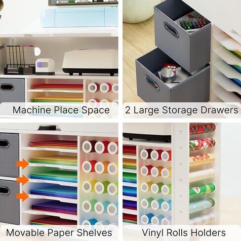 Craft Organizers and Storage Cart - Craft Table Compatible with Cricut Machine, Rolling Craft Organizer with Extendable Desktop and Power Outlet, Craft Table with 2 Drawer & Vinyl Roll Holders in Saudi Arabia