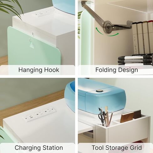 Craft Organizers and Storage Cart - Craft Table Compatible with Cricut Machine, Rolling Craft Organizer with Extendable Desktop and Power Outlet, Craft Table with 2 Drawer & Vinyl Roll Holders in Saudi Arabia