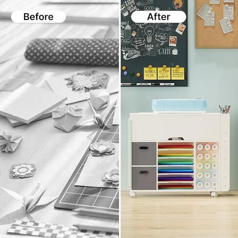 Craft Organizers and Storage Cart - Craft Table Compatible with Cricut Machine, Rolling Craft Organizer with Extendable Desktop and Power Outlet, Craft Table with 2 Drawer & Vinyl Roll Holders in Saudi Arabia