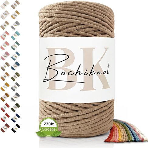 BOCHIKNOT 3ply Macrame Cord 4mm x 240yds - Macrame Cord 3ply Strand Twist - Cotton Cord for Wall Hangings, Plant Hangers, & Crafts - 4mm Macrame Cord 3ply - Macrame Rope & Supplies (240yds, Natural) in Kuwait