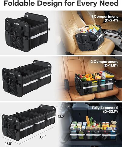 HOTOR Trunk Organizer for SUV – Car Storage Box with Reflective Strips, Collapsible Car Organizer with Large Capacity, Essential Car Accessories for Truck, Van & Sedan, Black, 33.1" x 13.0" x 12.0" in Kuwait