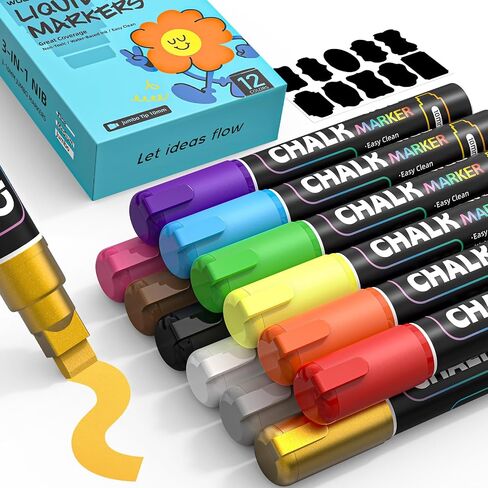 WUO Chalk Markers for Windows Glass, 12 Colors Liquid Chalk Pens with 10mm 3 in 1 Nib, Washable Window Markers for Mirrors, Blackboards, Car Windows, Bistro Signs, Classroom Boards & DIY Crafts in Saudi Arabia