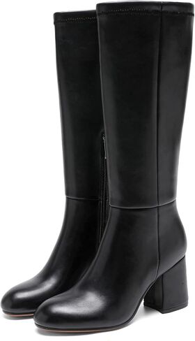 Knee High Boots Women Chunky Block Heel Fall Boots for Women Comfortable Almond Toe Side Zipper Heeled Boots in Kuwait