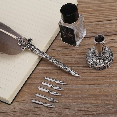 TOPINCN Antique Dip Pen Quill Pen Calligraphy Metal Nibbed Pen Writing Ink Set Stationery 5 Nibs(Black) in Saudi Arabia