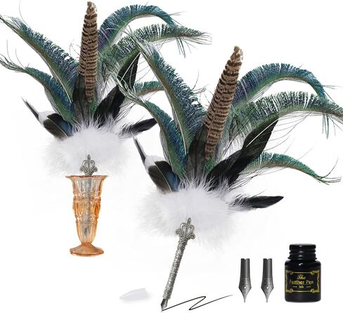 CROWN GUIDE Luxury Feather Pen with Black Ink Set - 13.8" Peacock Fancy Quill Fountain Pen for Writing Calligraphy, Wedding Nikkah Pen for Guest Book Journaling Gift, Blue in Saudi Arabia
