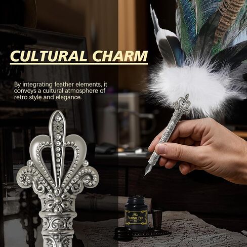 CROWN GUIDE Luxury Feather Pen with Black Ink Set - 13.8" Peacock Fancy Quill Fountain Pen for Writing Calligraphy, Wedding Nikkah Pen for Guest Book Journaling Gift, Blue in Saudi Arabia