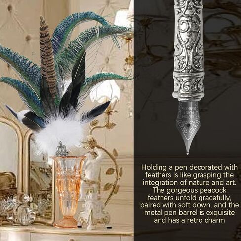 CROWN GUIDE Luxury Feather Pen with Black Ink Set - 13.8" Peacock Fancy Quill Fountain Pen for Writing Calligraphy, Wedding Nikkah Pen for Guest Book Journaling Gift, Blue in Saudi Arabia