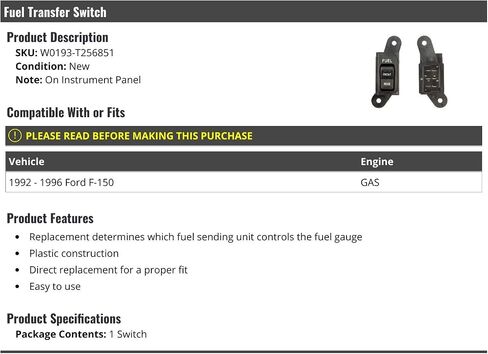 Fuel Transfer Switch - Compatible with 1992-1996 Ford F-150 GAS in Saudi Arabia