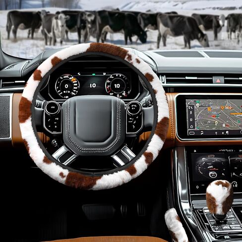 3PCS Cow Print Steering Wheel Cover Plush, Auto Cute Furry Cows Pattern Hand Brake & Shift Gear Covers Universal Soft Warm Car Interior Accessories for Women Men (Brown Cow Print, 15 inch) in Saudi Arabia