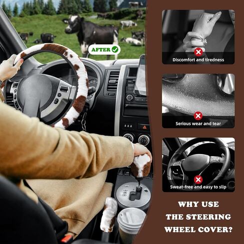 3PCS Cow Print Steering Wheel Cover Plush, Auto Cute Furry Cows Pattern Hand Brake & Shift Gear Covers Universal Soft Warm Car Interior Accessories for Women Men (Brown Cow Print, 15 inch) in Saudi Arabia