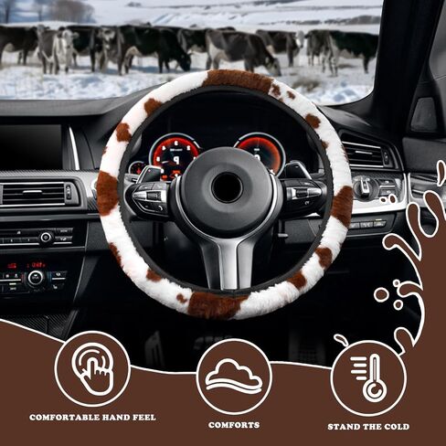 3PCS Cow Print Steering Wheel Cover Plush, Auto Cute Furry Cows Pattern Hand Brake & Shift Gear Covers Universal Soft Warm Car Interior Accessories for Women Men (Brown Cow Print, 15 inch) in Saudi Arabia