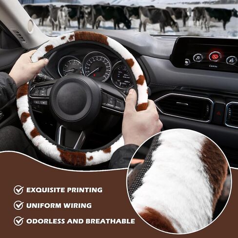 3PCS Cow Print Steering Wheel Cover Plush, Auto Cute Furry Cows Pattern Hand Brake & Shift Gear Covers Universal Soft Warm Car Interior Accessories for Women Men (Brown Cow Print, 15 inch) in Saudi Arabia