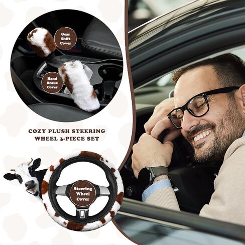 3PCS Cow Print Steering Wheel Cover Plush, Auto Cute Furry Cows Pattern Hand Brake & Shift Gear Covers Universal Soft Warm Car Interior Accessories for Women Men (Brown Cow Print, 15 inch) in Saudi Arabia