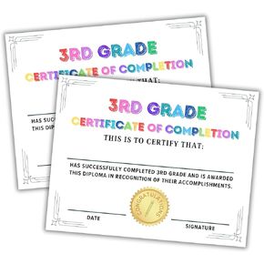 3rd Grade Graduation Certificate of Completion | 50 pk 8.5 x 11" for Elementary School Class End of Year Achievement Awards Third Grade Teacher Supplies