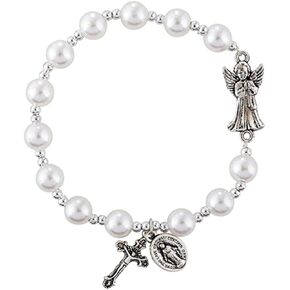 Guardian Angel White Bead Rosary Charm Bracelet, 7 1/2 Inch