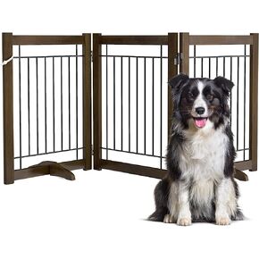 Acovy 24" Height Solid Hardwood Frame Pet Gate Dog Gate Indoor Freestanding Dog Gates Foldable Wooden Dog Fences for Stairs, House, Doorway Extra Wide, 4-Panel, 80" Wide, Oak Color