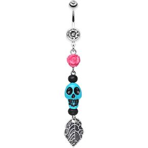 Pierced Owl - 14GA Stainless Steel CZ Crystal Rose and Skull Dangling Belly Button Ring