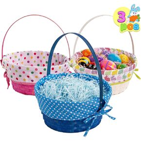 JOYIN 3 Pcs Easter Bamboo Basket with Polka Dots Lining, Natural Woven Easter Eggs and Candy Wicker Basket for Picnic, Gift Packing, Decor