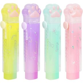 4 Pcs Cute Cat Paw Erasers, Retractable Eraser for Kids, Gradient Color Erasers, Rainbow Cute Cat Erasers, Push-Pull Rubber Eraser for Students Writing Office School Supplies