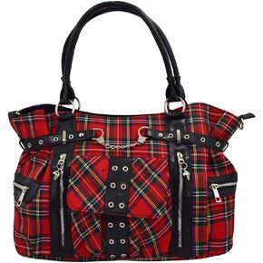 Lost Queen Red Royal Stewart tartan Plaid Punk Rock Purse with Handcuff Skull Charm, Large