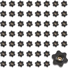 INCREWAY M5 Through Hole Knob 50pcs Black Plastic Through Hole Set Brass Female Threaded Nut, 6-Star Shape Hand Knobs Black Plastic Screw-On Handle Clamping Knob for Mechanical Equipment