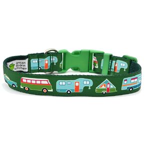 RV Camping Dog Collar - Green Camper Collar - Vintage Car & Trailer - Van - Fifth Wheel - Truck Camper - A-Frame - 4 Sizes - Adjusts 9 Inches to 27 Inches - 1 Inch Wide (Large 14-21")