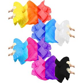 Thyle 4 Pairs 1.8 M Artificial Silk Women Belly Dance Fan Veils National Long Bamboo Fan Colors Silk Fans for Dancer Right Left Hand, 4 Styles