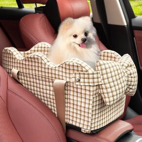 Cathpetic Small Dog Car Seat for Small Dogs - Center Console Dog Seat for Car with Clip-On Safety Leash, Double Fixed Straps and Supportive Memory Foam Filling, Dog Booster Seat, Beige Plaid