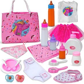 HOAYO 20 Pack Baby Doll Accessories, Baby Disappearing Doll Feeding and Caring Set with 2 Milk & Juice Bottles, 2 Toy Pacifiers for Girls Toys Gift, Doll Clothes fit 18 Inch Doll