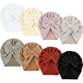 Dizila 8 Pieces Baby Turban Hats with Big Bow Newborn Caps Beanies Bonnets Headwraps for Baby Girls Boys Infants Toddlers