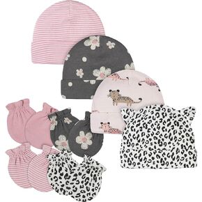 Gerber Baby Girls Cap and Mitten Sets 8pc Pink Leopard 0-3 Months