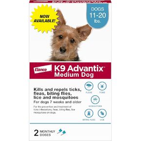 K9 Advantix Flea, Tick & Mosquito Prevention for Dogs 11-20 lbs. | Flea Drops for Medium Dogs | Apply Monthly | 2 Treatments