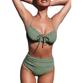 CUPSHE Women's Bikini Sets Two Piece Swimsuits Scoop Neck Crisscross Back Self Tie High Waisted Ruched